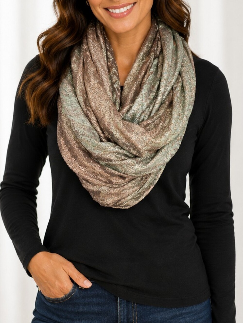 👚 Soft Sage Green & Tan Infinity Scarf Lightweight Textured Boho Loop Wrap